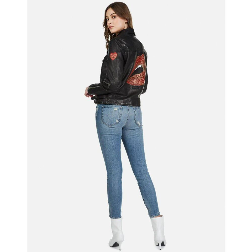 Y-4. Lauren Moshi Posey Gold Chain Lip Leather Jacket Black Small - Picture 3 of 5